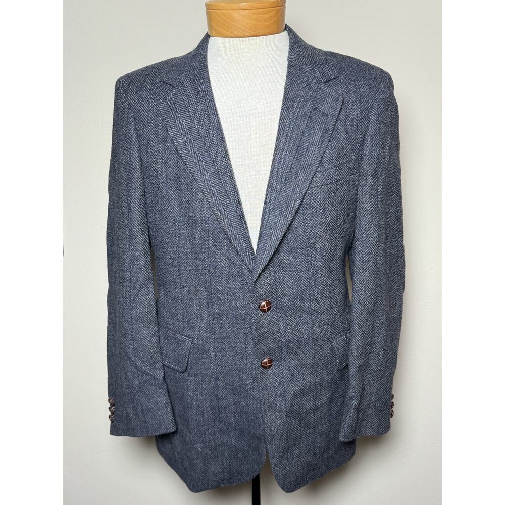 VTG Savile Row Herringbone Tweed Sport Coat Mens 40R Gray/Navy Wool Blazer UK